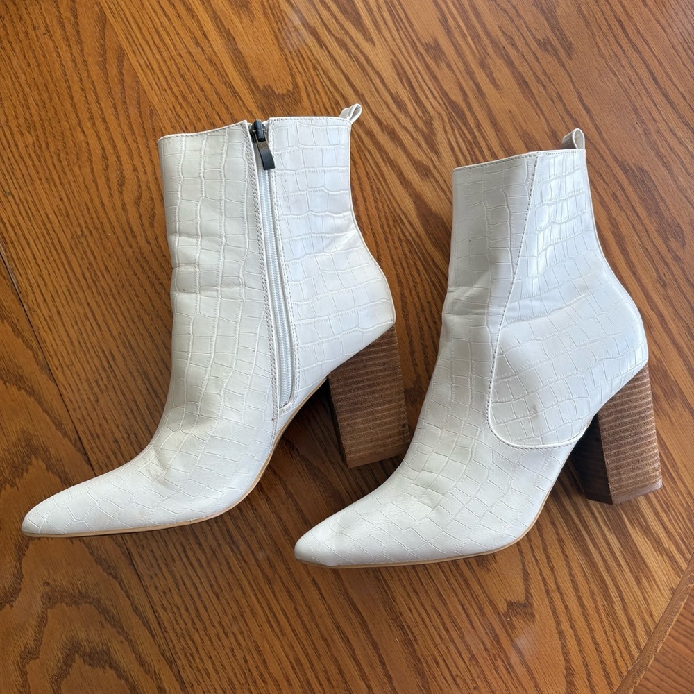 Vici White Croc-Embossed Pointed Toe Ankle Booties